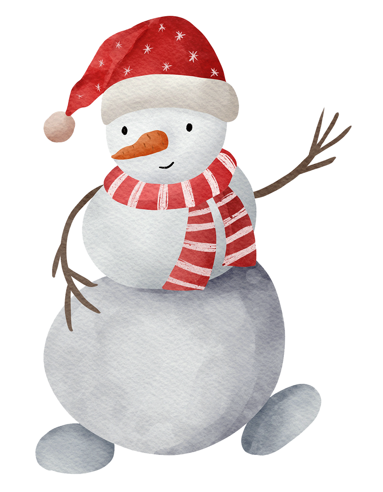 watercolor cute snowman with red hat
